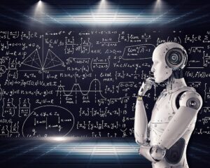 AI-enabled robot contemplates a chalkboard of math equations