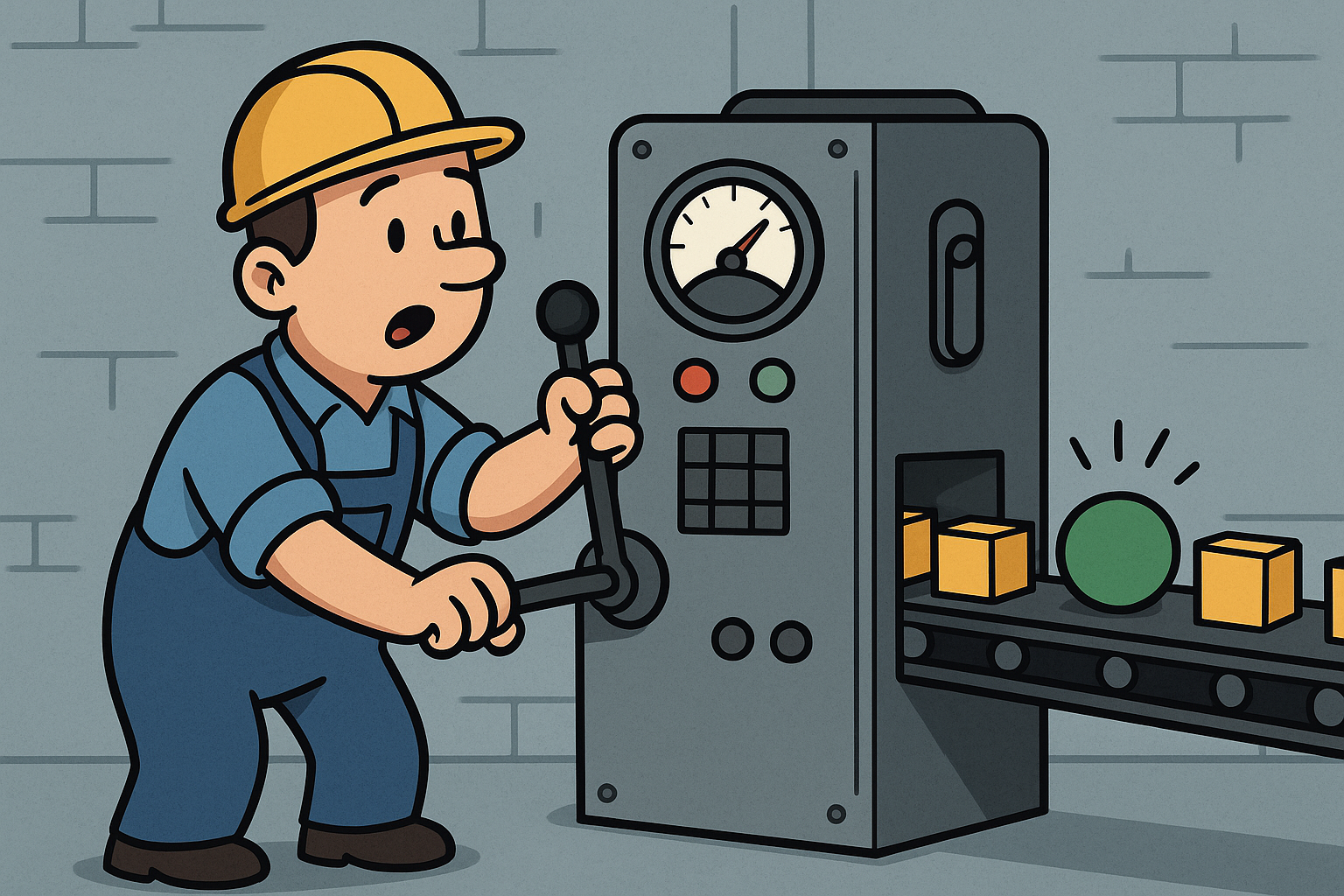 an image of a factory worker getting an unexpected circle from a machine producing squares