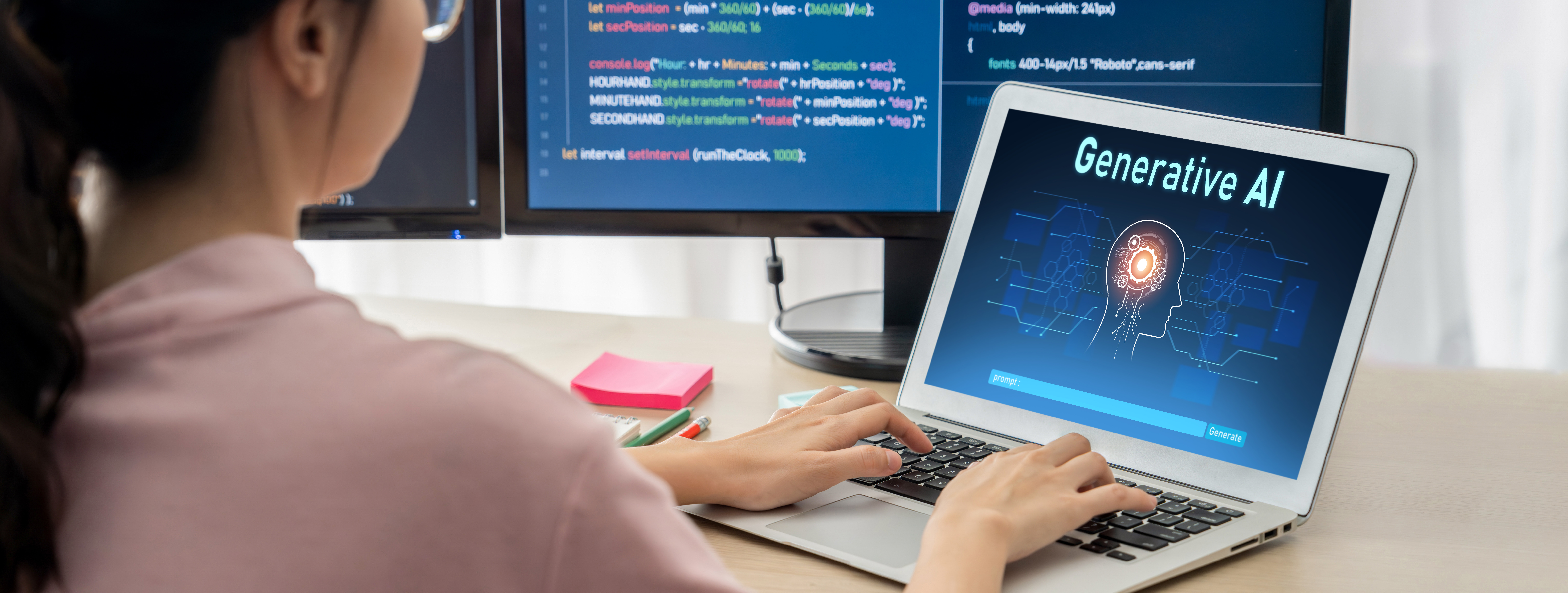 Software engineer working at a computer with code on-screen and an AI tool open on a laptop.